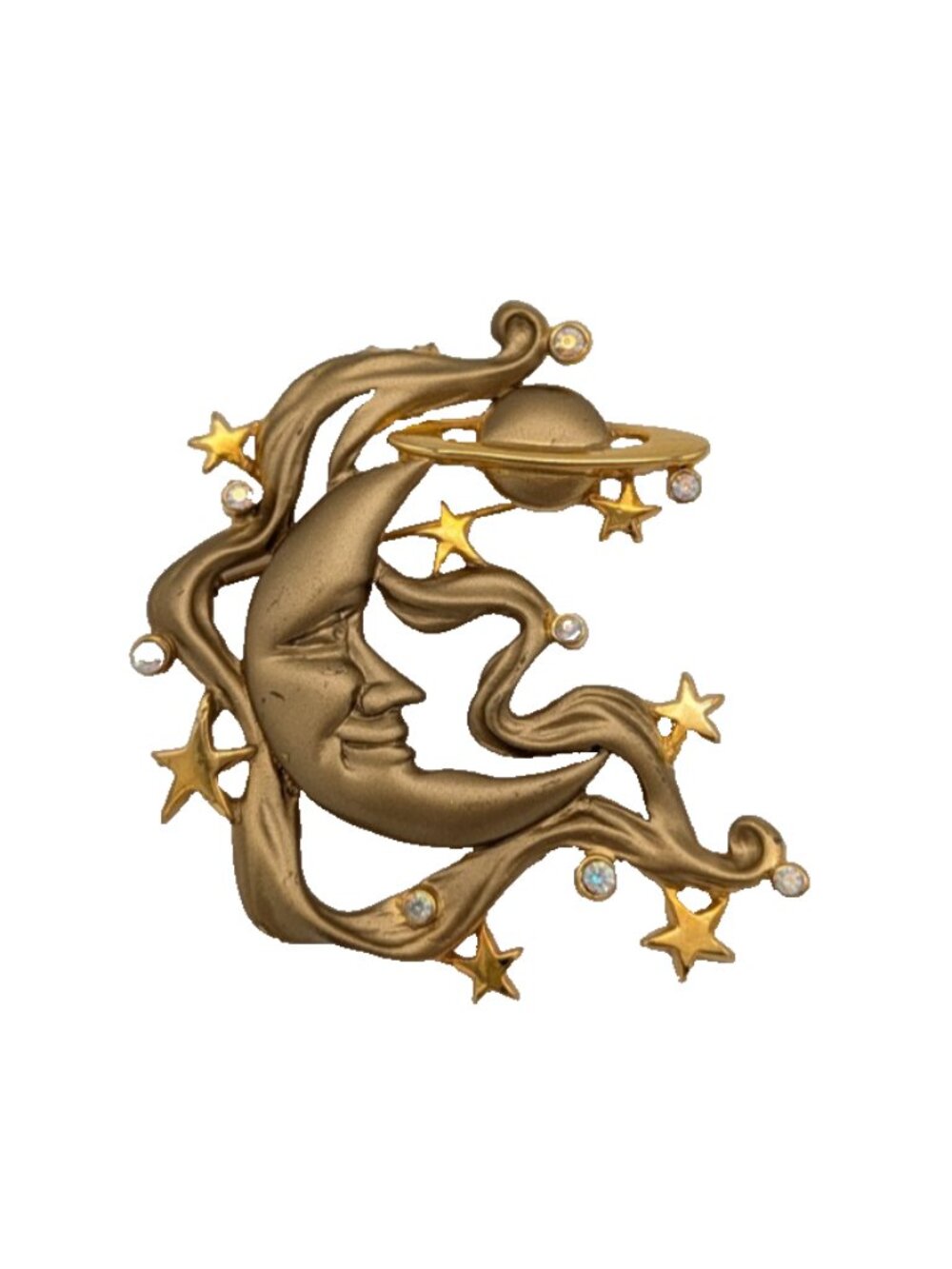JJ Jonette Jewelry Signed Celestial Moon Stars Saturn Gold tone Brooch VTG Pin
